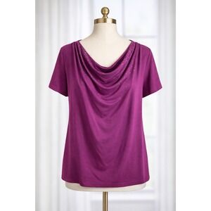 Avenue Popover Top Blouse Short Sleeve Drape Neck Rhinestones Pink Size 18 20